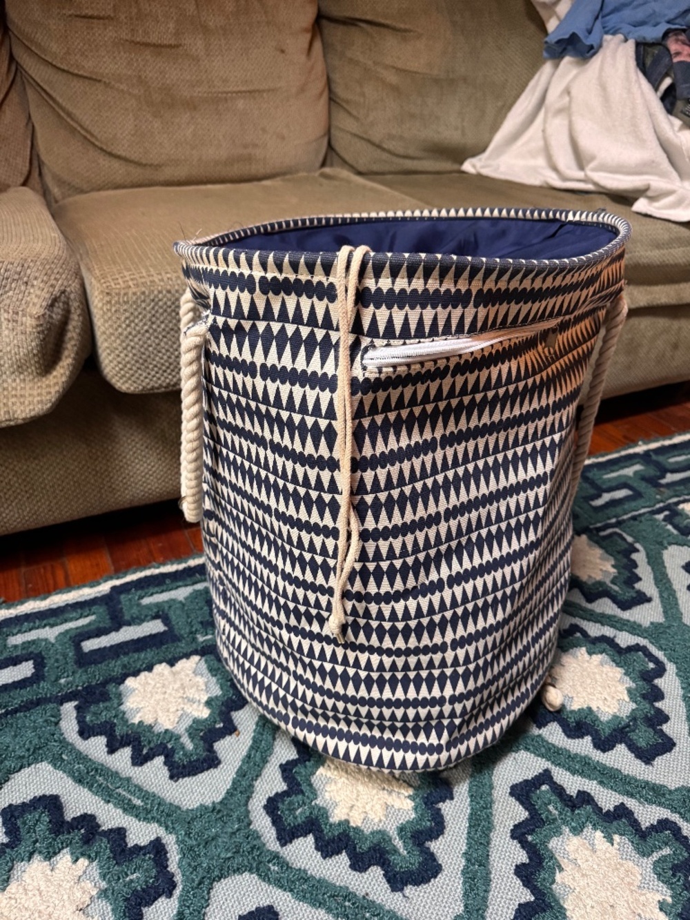 Navy and Cream Geometric Rope-Handle Storage hamper